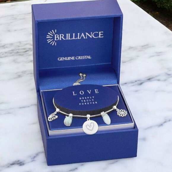 Brilliance Fine Silver Amazonite & Crystal Quartz Adjustable Charm Bracelet –10" - Picture 4 of 11